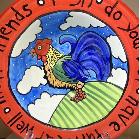 Nicole Engblom Hand Painted Large Serving Bowl Rooster Chick Egg Red Art Ceramic - Picture 4 of 14